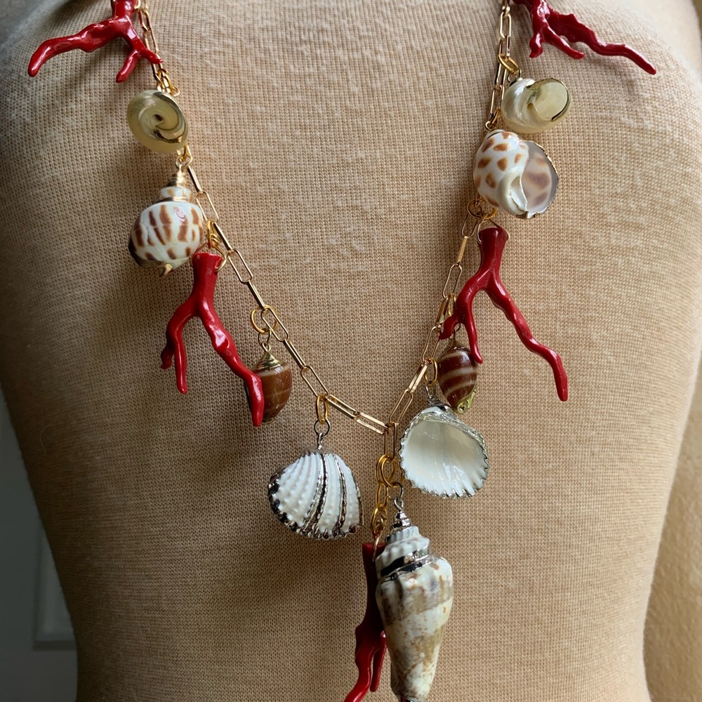 Sweet Olive Necklace of Shell & Coral Charms on 18k Gold Plate Paperclip Chain